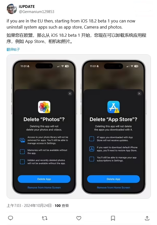 易县苹果手机维修分享iOS 18.2 支持删除 App Store 应用商店 