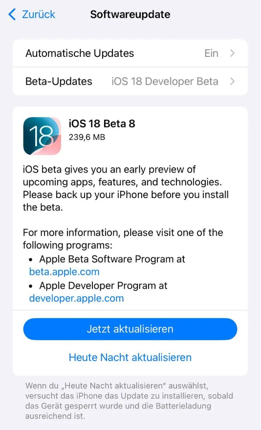 易县苹果手机维修分享苹果 iOS / iPadOS 18 开发者预览版 Beta 8 发布 